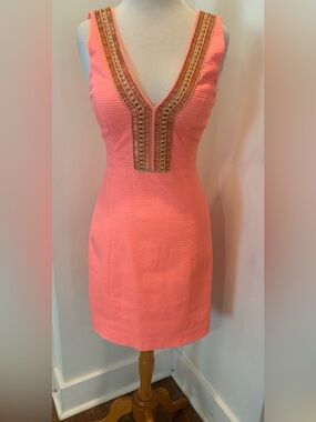 Lilly Pulitzer Coral Embellished V-Neck Mini Dress size 4 NWT